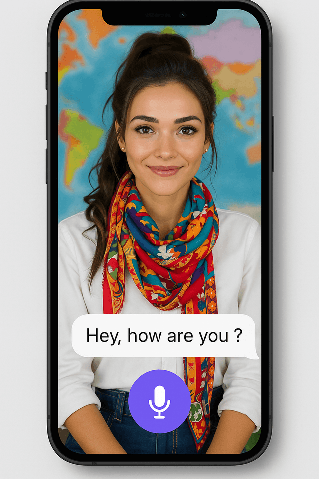 Phone mockup showing TalkEasy app interface